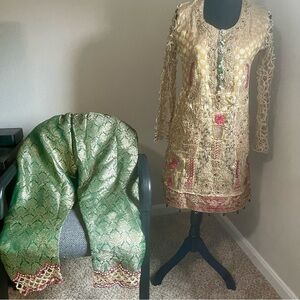 Pakistani Indian Desi Party Wedding Wear Gold Green Jamawar Bottoms and kameez